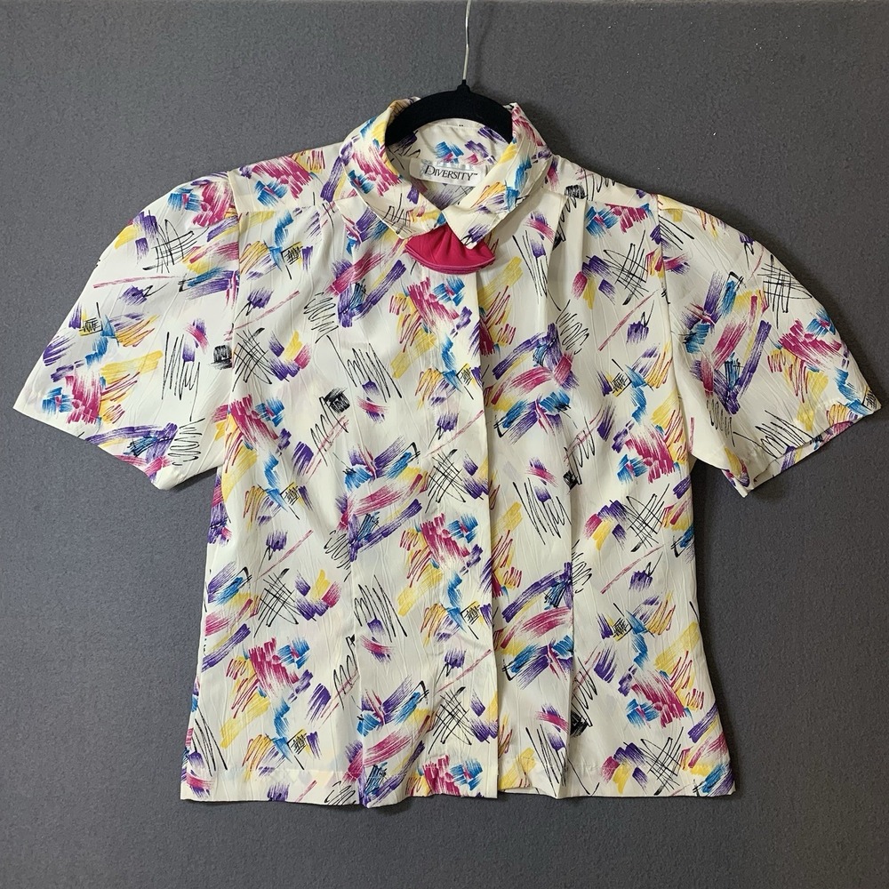 Vintage Petite Diversity Pop Art Culture Rainbow Paint Blouse Women's S White